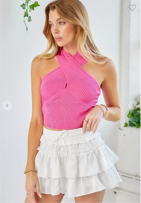Pink Cross Neck Cropped Top