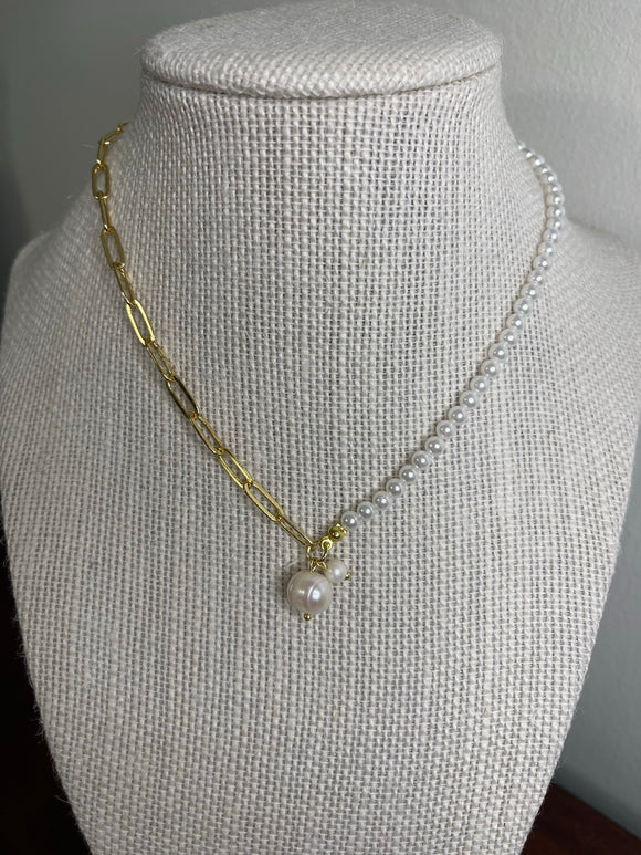 Paper clip and Freshwater Pearl Combo Necklace