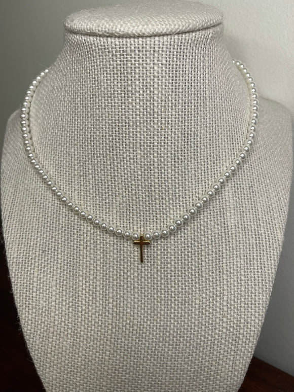 Pearl Beaded Necklace with a Cross Charm